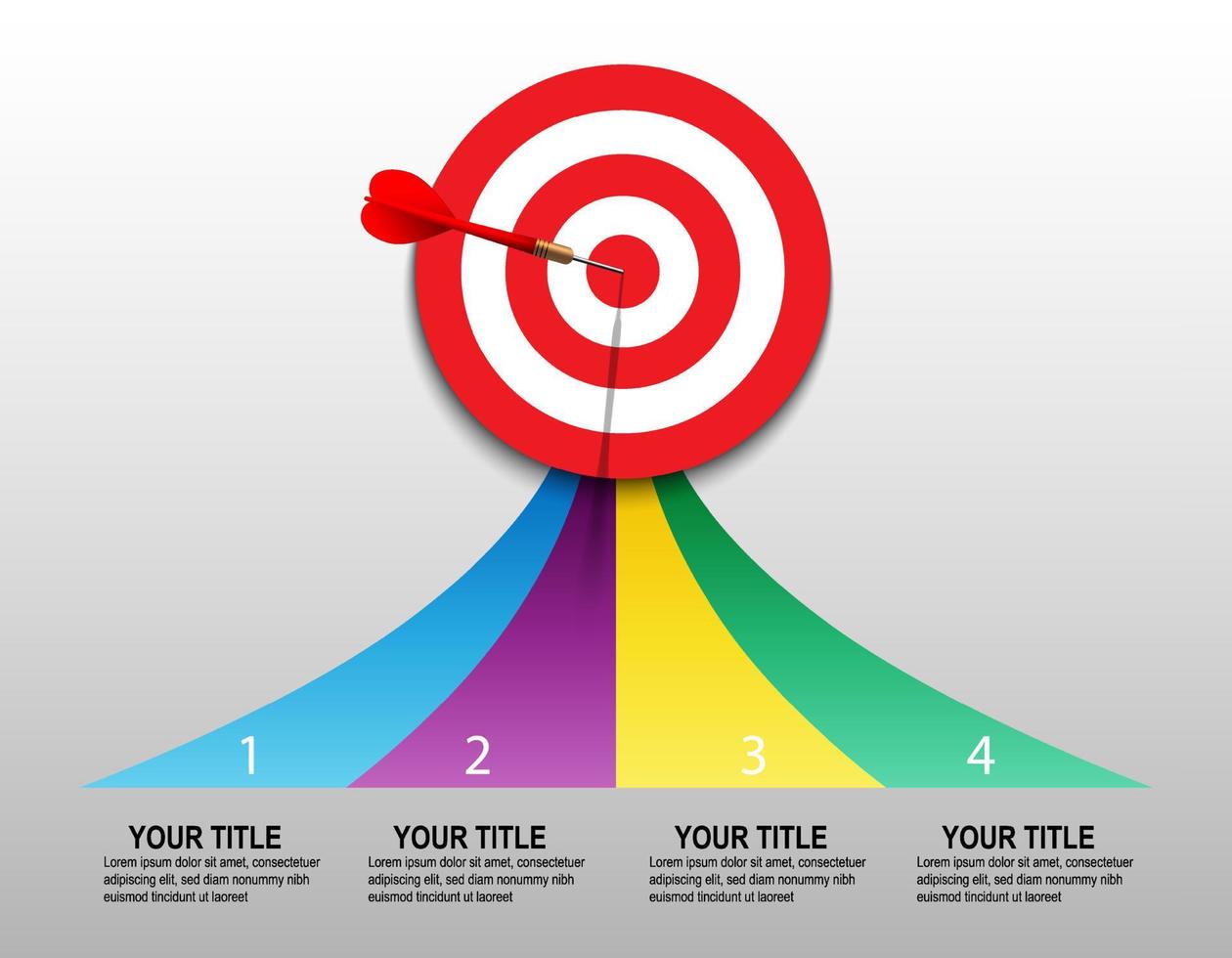 rood pijl raken naar centrum van dartbord met pijl voor infografisch. pijl Aan doelwit. bedrijf succes, investering doel, afzet uitdaging, financieel strategie, doel prestatie, focus ideeën concept. vector