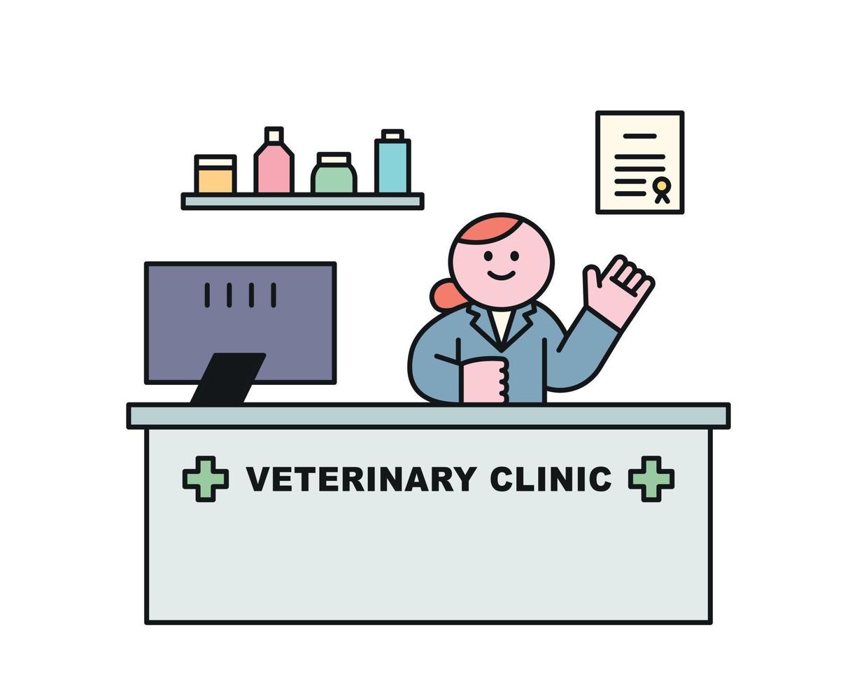 informatie bureau Bij de veterinair ziekenhuis. schattig dokter karakter is golvend hand. vlak vector illustratie.