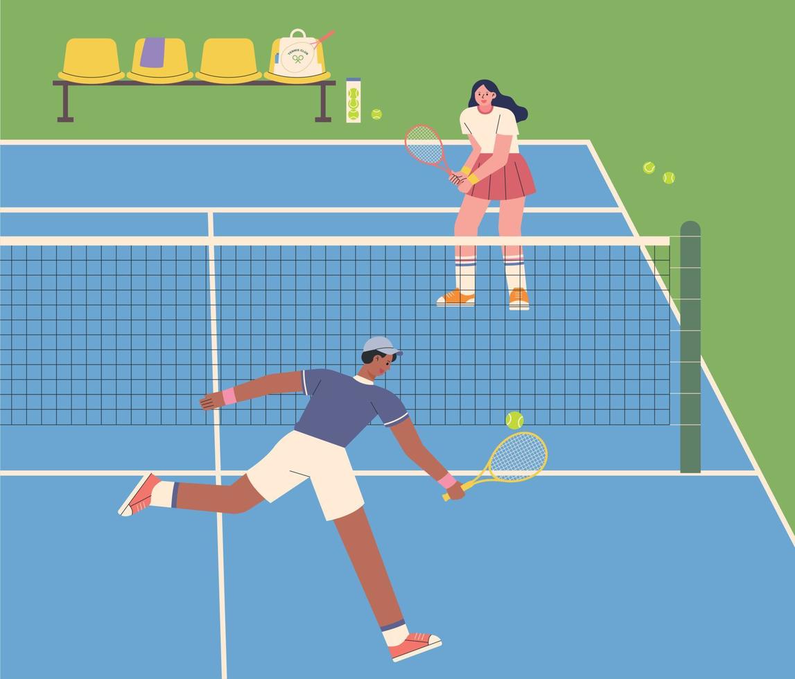 twee spelers zijn spelen tennis Aan de tennis rechtbank. gemakkelijk grafisch ontwerp stijl vlak vector illustratie.