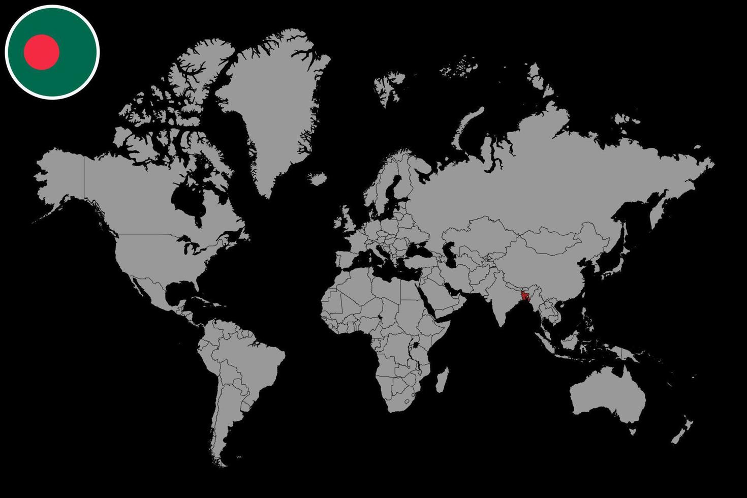 speldkaart met vlag van Bangladesh op wereldkaart. vectorillustratie. vector
