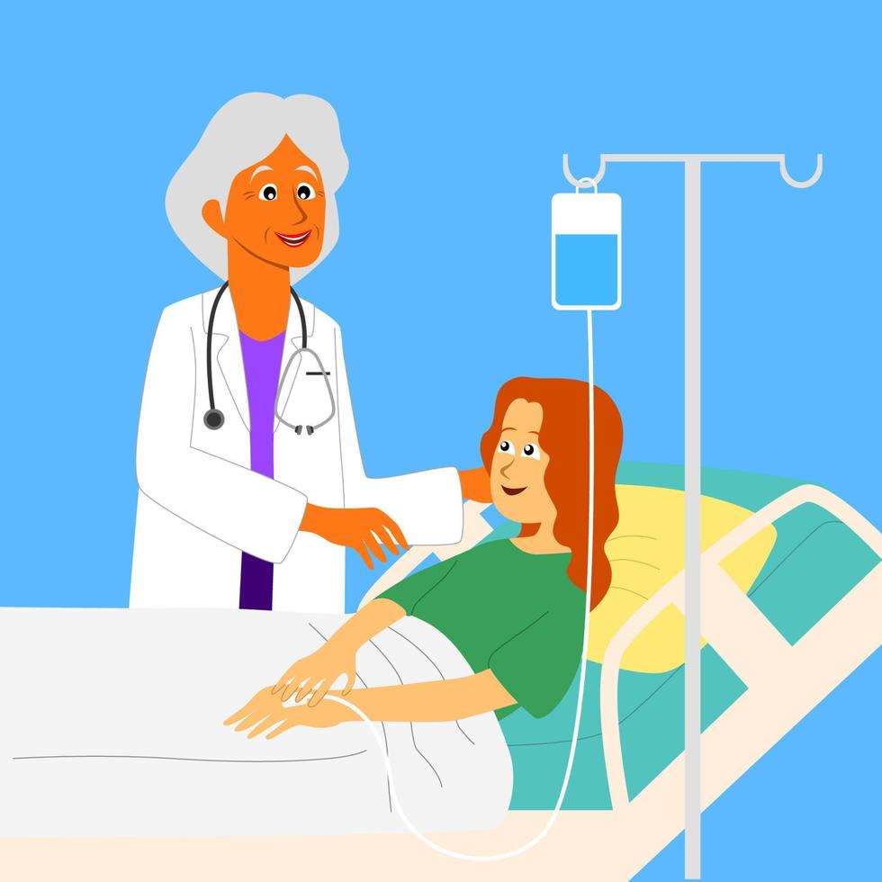 illustratie van een vrouw dokter over- 50 jaren oud portie patiënten met liefde en professionaliteit Aan een blauw achtergrond vector