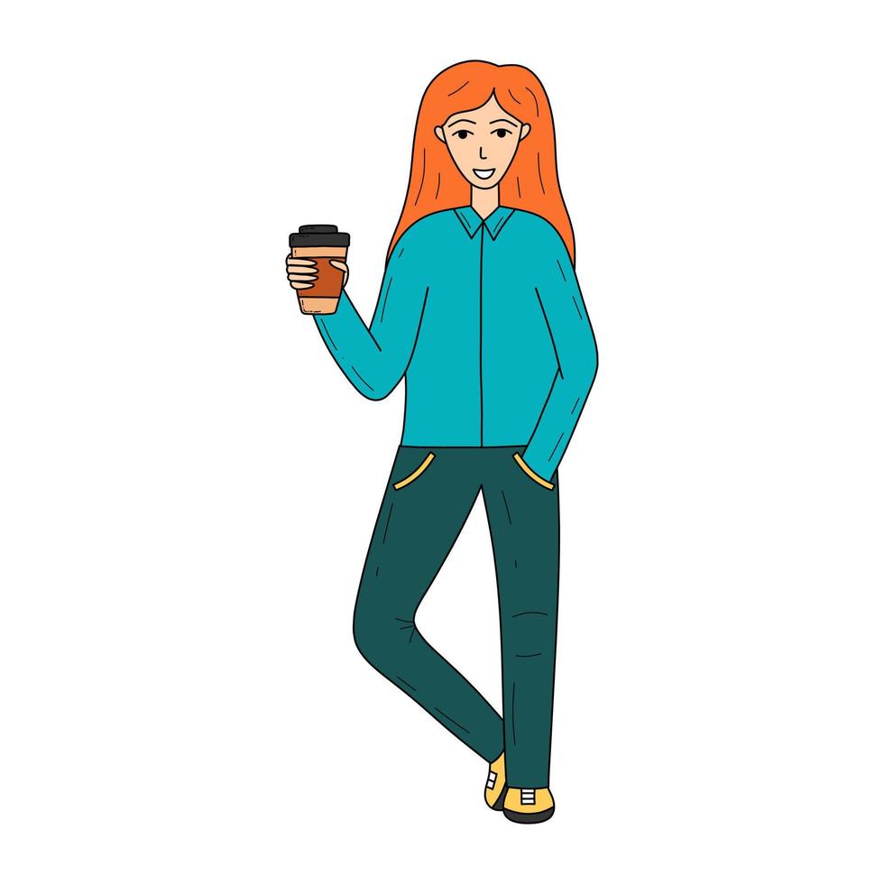 tekening vrouw met kop van koffie vector geïsoleerd illustratie