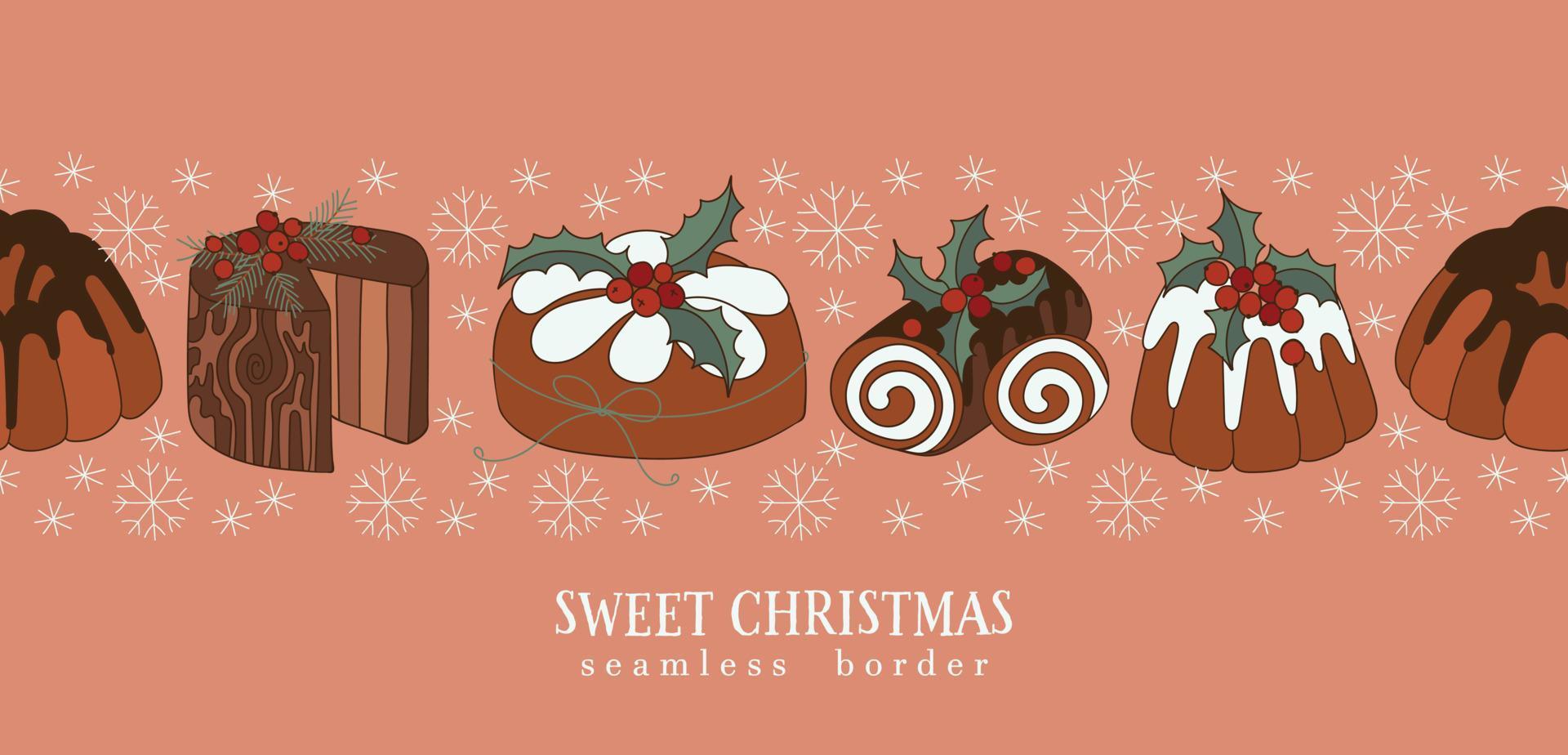 nieuw jaren zoet cupcakes naadloos grens vector illustratie. modieus retro stijl Kerstmis achtergrond.