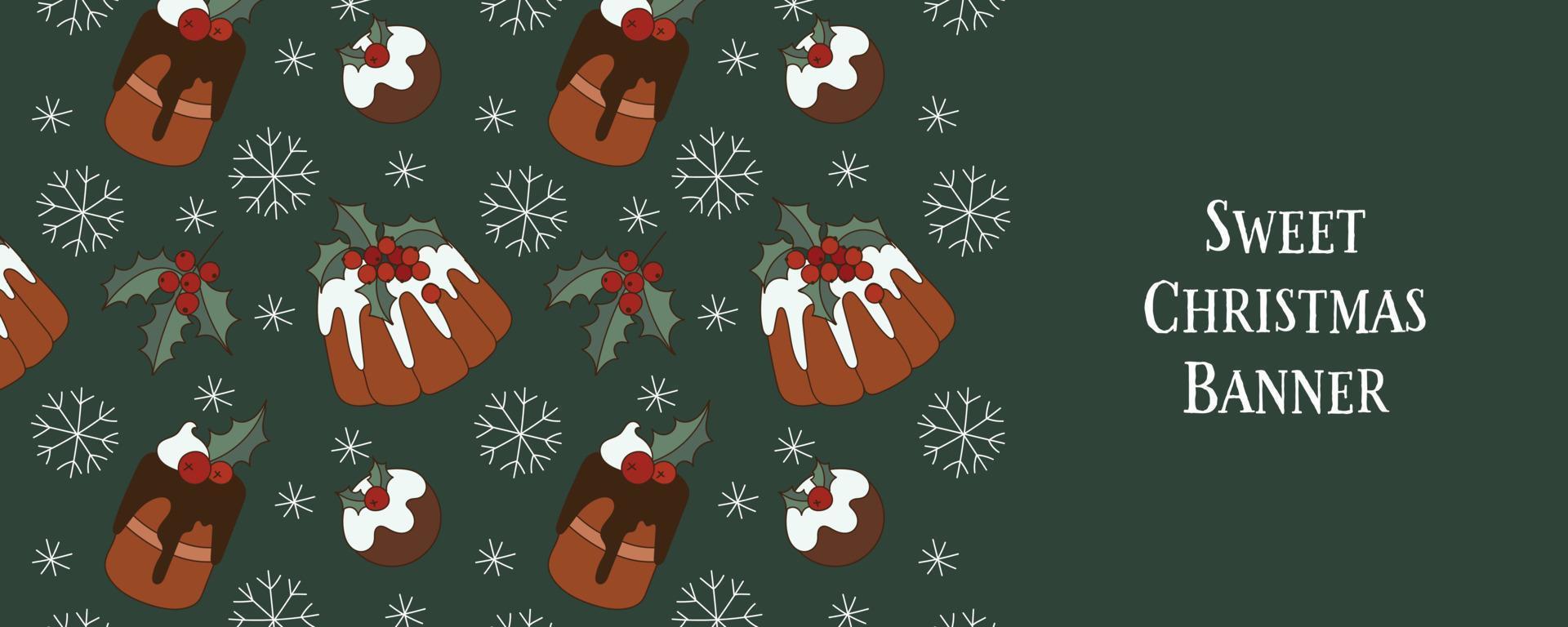 zoet Kerstmis horizontaal banier met chocola cupcakes, glimmertjes en bessen. vector illustratie achtergrond.