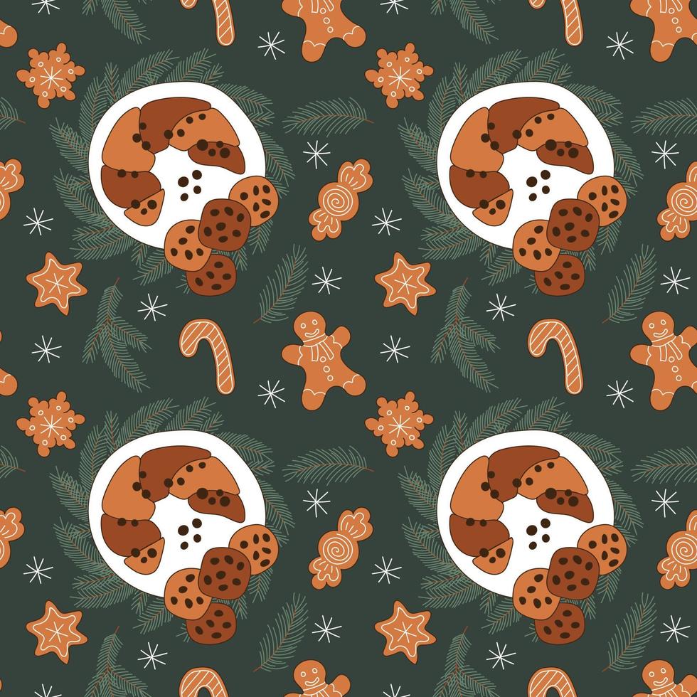 peperkoek en geglaceerd koekje Kerstmis vakantie naadloos patroon Aan smaragd achtergrond. vector