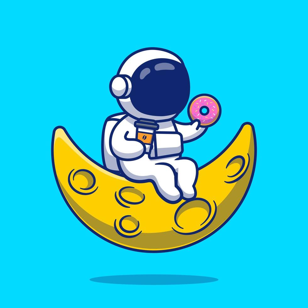 schattig astronaut met donut en koffie Aan maan tekenfilm vector icoon illustratie. mensen wetenschap icoon concept geïsoleerd premie vector. vlak tekenfilm stijl