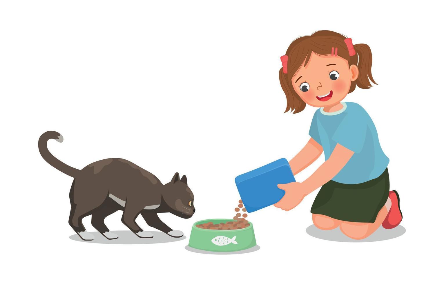 schattig weinig meisje voeden haar huisdier kat met dier voedsel Bij huis vector