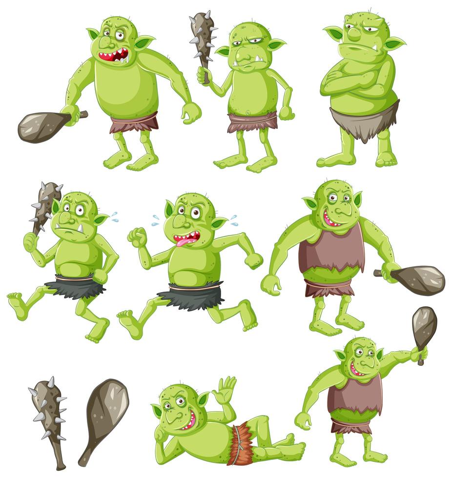 set van goblin of trol met jachtgereedschap vector