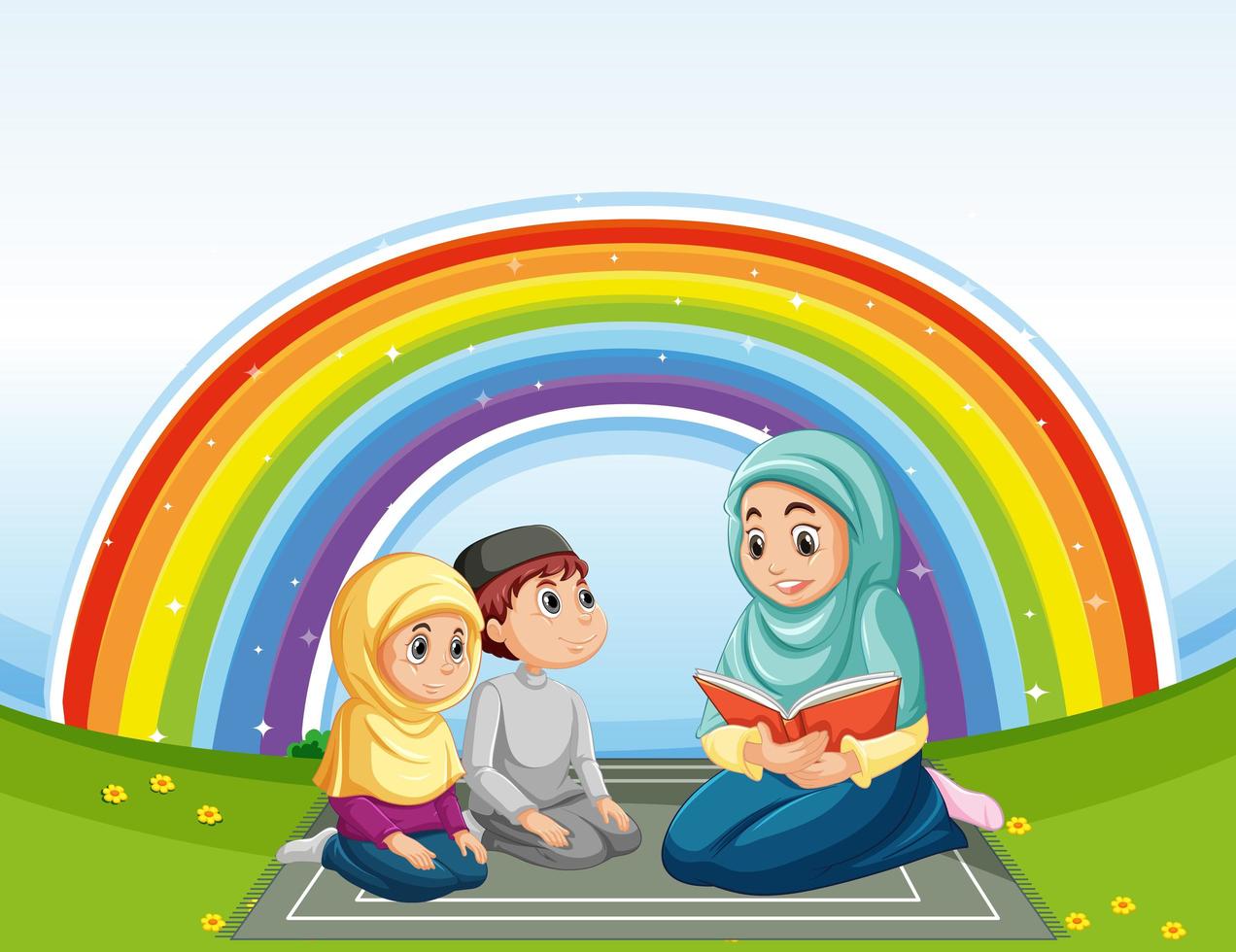 Arabische moslimfamilie in traditionele kleding en regenboog vector