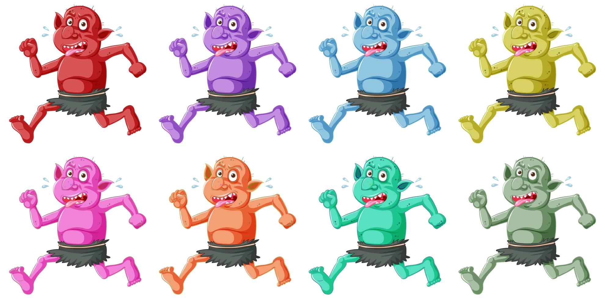 set van kleurrijke goblin of trol running pose met grappig gezicht in stripfiguur geïsoleerd vector