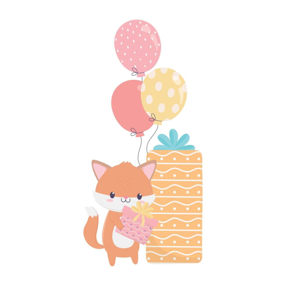 gelukkig verjaardag vos en geschenk ballonnen viering decoratie vector
