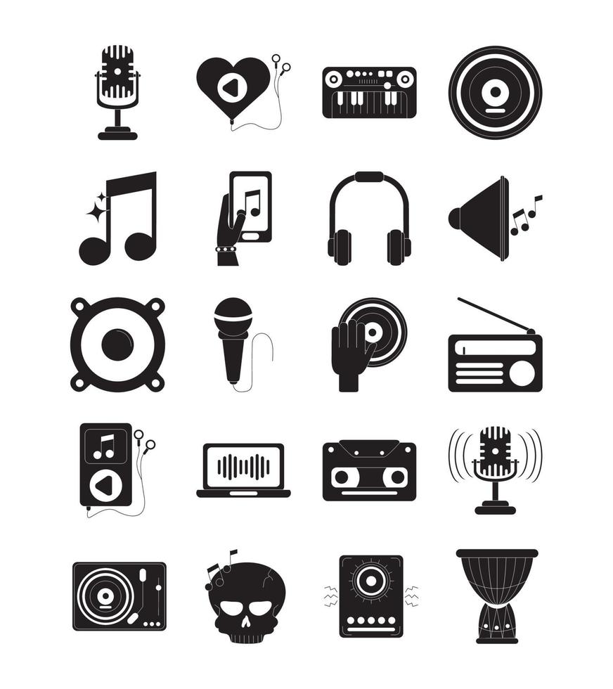 muziek- melodie geluid audio pictogrammen reeks silhouet stijl icoon vector