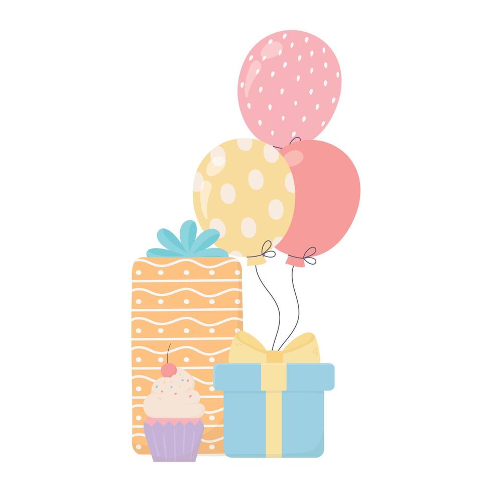 gelukkige verjaardag zoete cupcake geschenken en ballonnen viering decoratie kaart vector