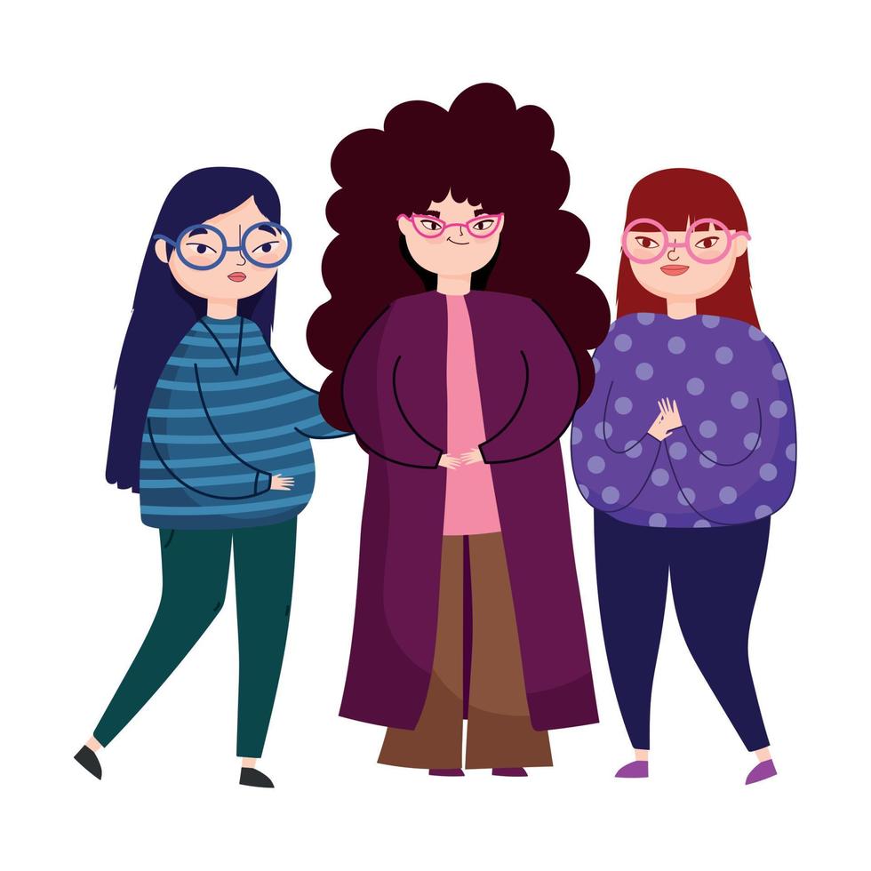 jong groep Dames met bril vrouw karakter geïsoleerd icoon vector