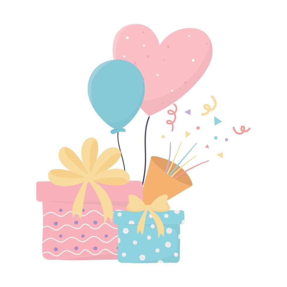 gelukkig verjaardag cadeaus ballonnen toeter confetty viering decoratie kaart vector