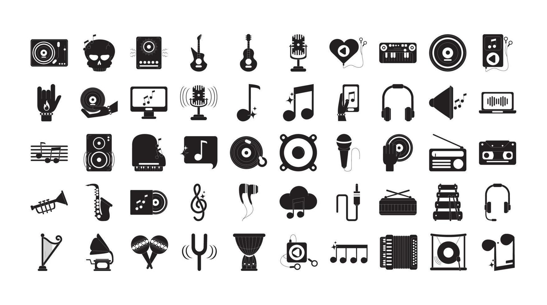 muziek- melodie geluid audio pictogrammen reeks silhouet stijl icoon vector