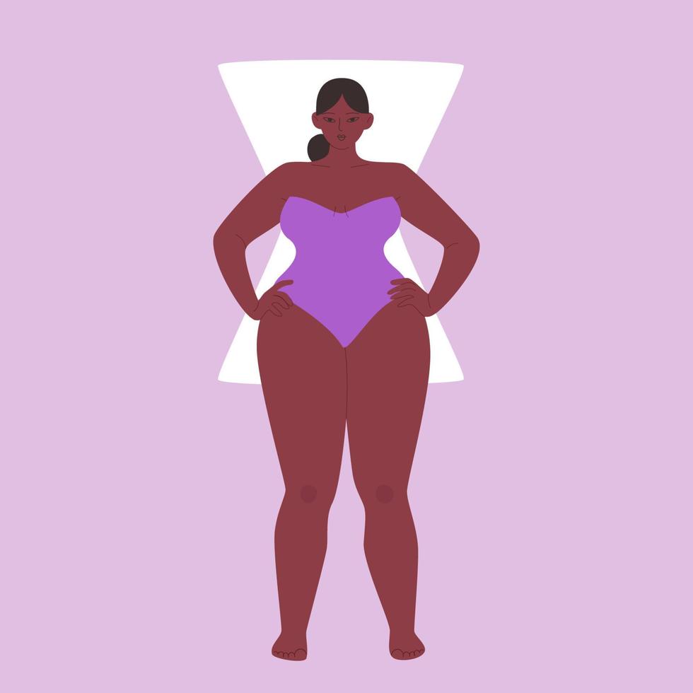 de vorm type is zandloper. tekenfilm mollig meisje vervelend een Purper strapless zwempak. vector voorraad illustratie van een Afrikaanse Amerikaans vrouw met breed schouders geïsoleerd.