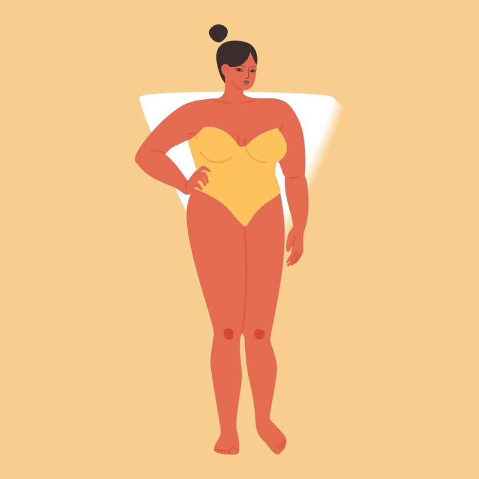 een vrouw figuur van de driehoek type. tekenfilm mollig meisje in een geel strapless zwempak. vector voorraad illustratie van een vrouw met breed schouders geïsoleerd.