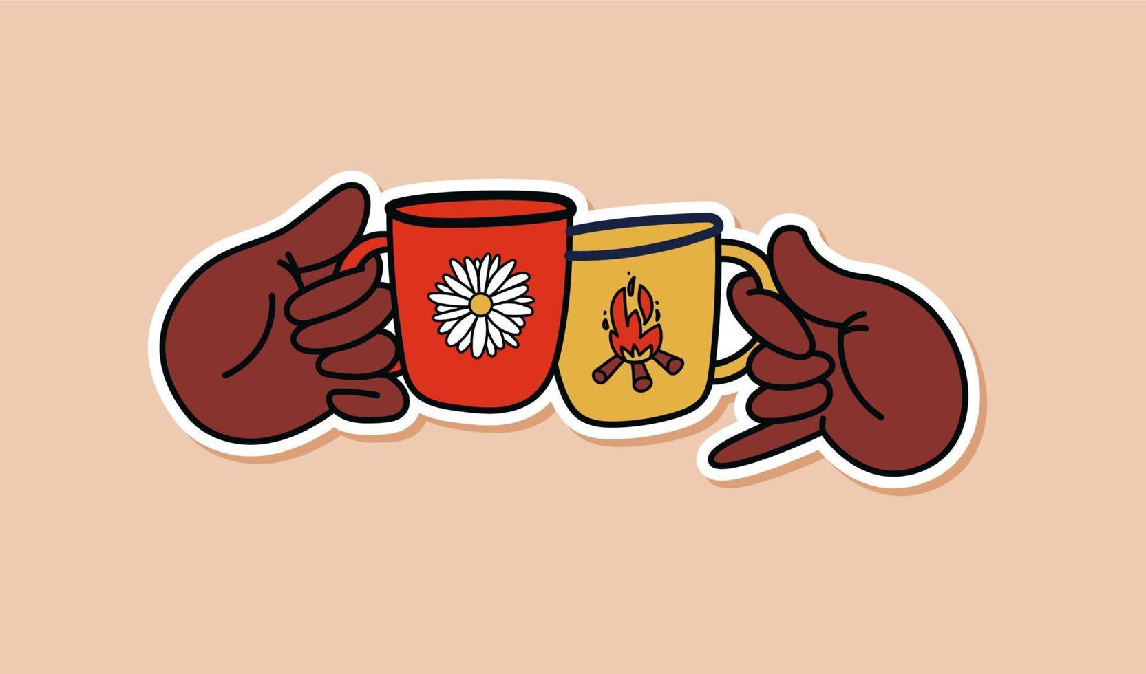 hand- getrokken sticker tekening handen met kopjes. geïsoleerd sticker gerinkel bril wandelen mokken. vector illustratie van op reis met vrienden.