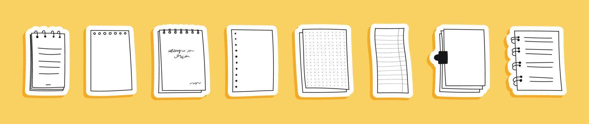 tekening stickers lakens van divers notebooks. hand getekend papier met strepen, polka stippen, blanco. Veer geladen notebooks herinneringen, geheugen. reeks vector illustraties schetsen Pagina's voor school- notities.