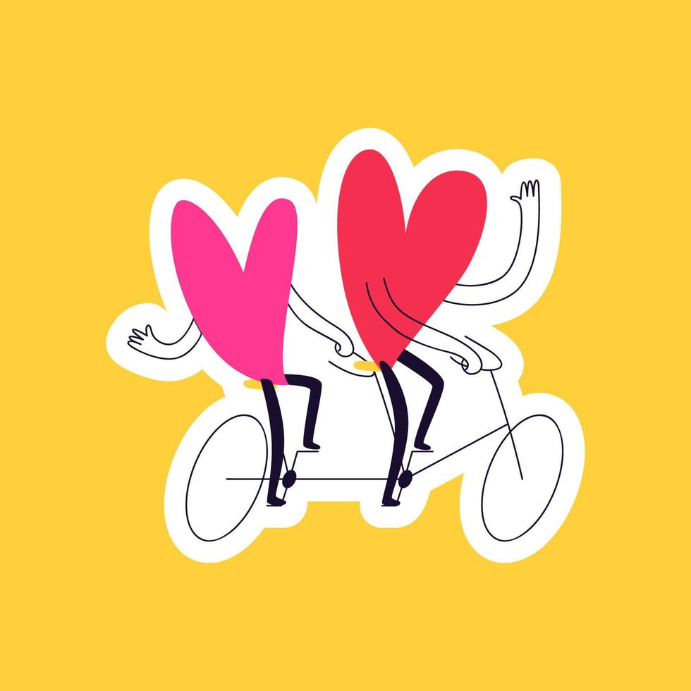 getrokken sticker tekening harten Aan een dubbele fiets. een paar in liefde ritten een abstract fiets Aan een geel achtergrond. Valentijnsdag dag sticker vector illustratie.