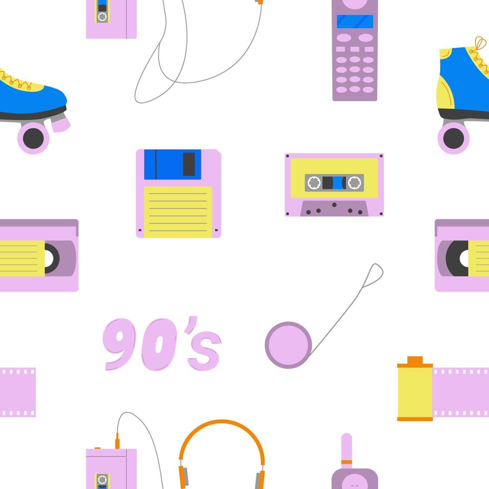 naadloos patroon met elementen van de 90s en jaren 80. kleur achtergrond. wijnoogst retro. vlak stijl. vector illustratie