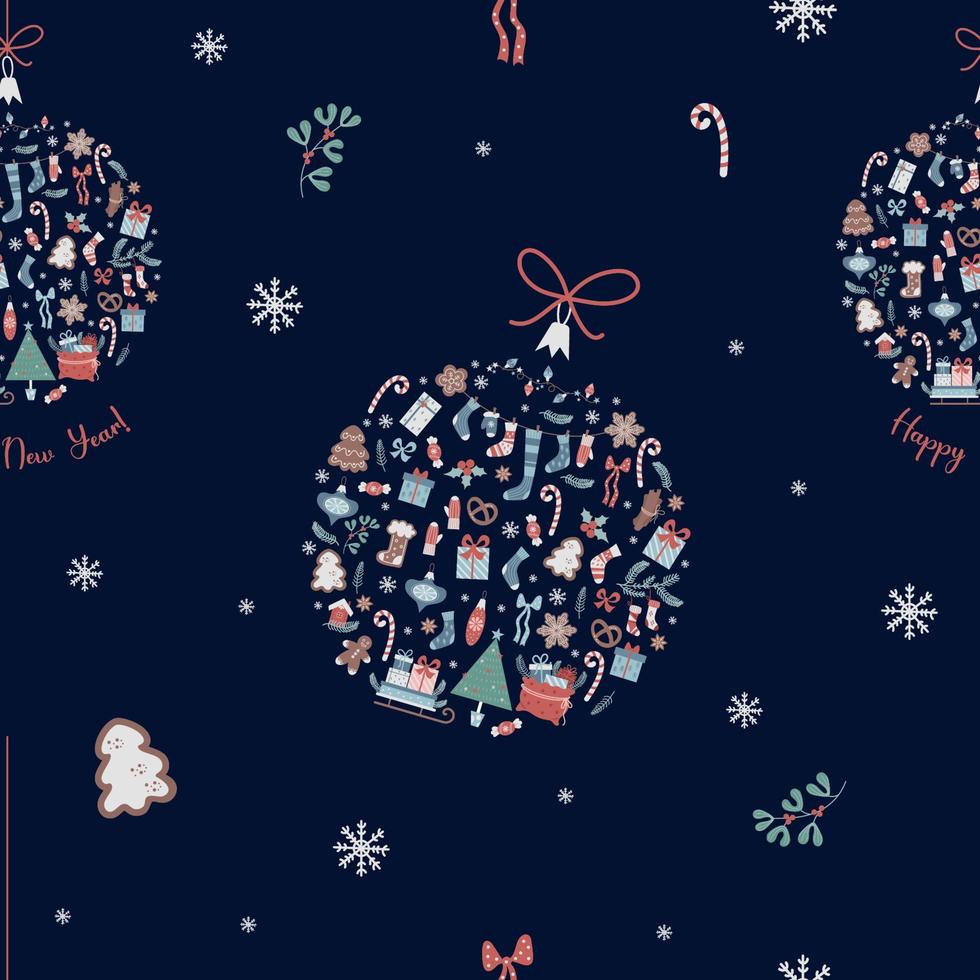 Kerstmis naadloos patroon. Kerstmis boom bal van nieuw jaren decor Aan blauw achtergrond met sneeuwvlokken en ontbijtkoek. vector illustratie. winter patroon voor decor, ontwerp, verpakking en afdrukken.