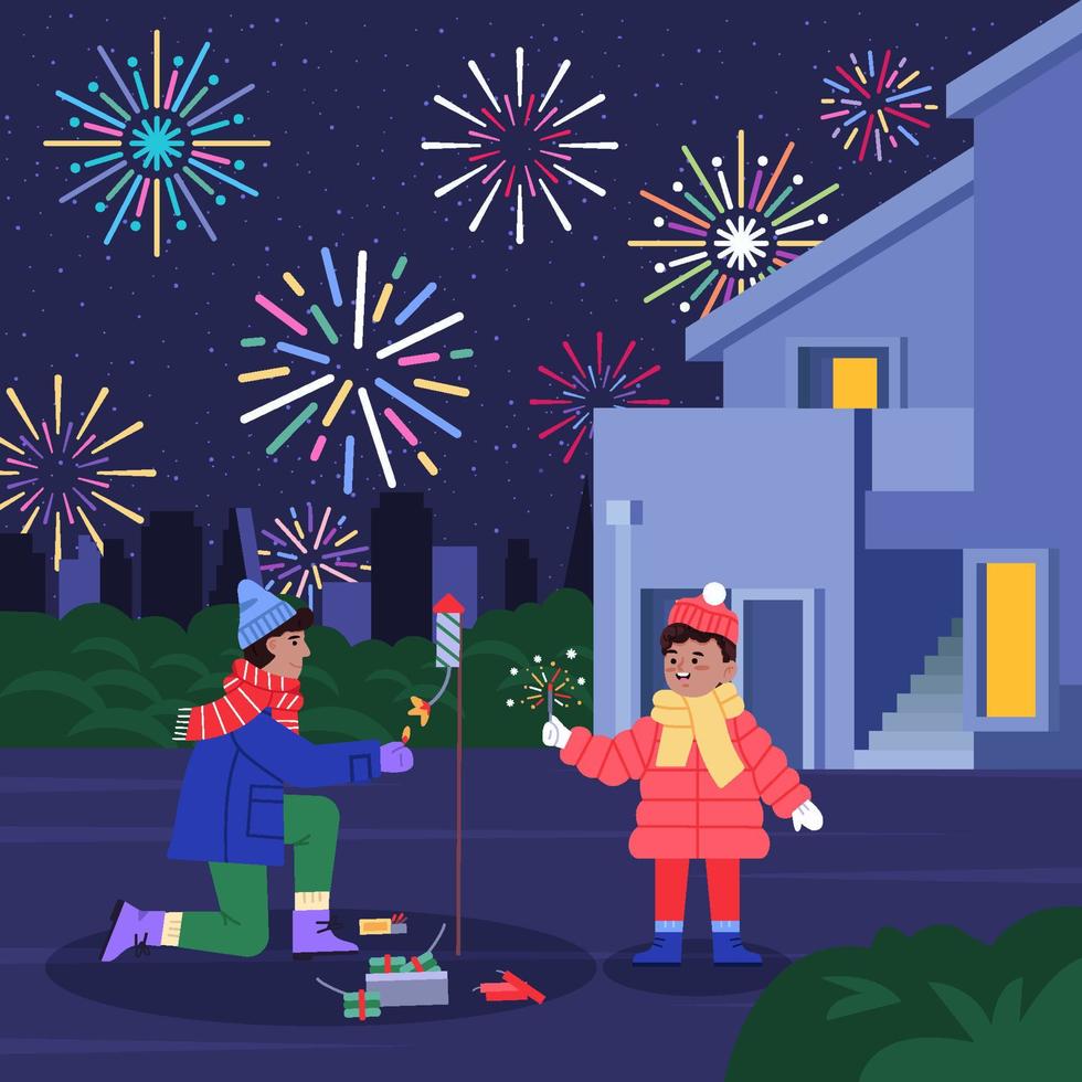 familie Speel vuurwerk buiten huis concept vector