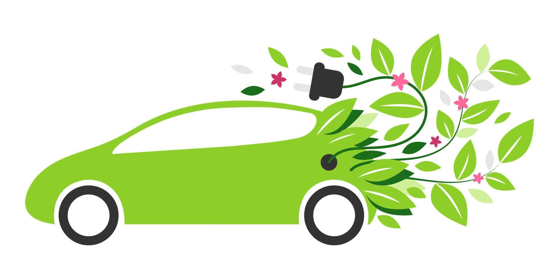 elektrisch auto met opladen kabel en groen bladeren en bloemen dat vlieg uit van achter. schoon energie en nul uitstoot in de atmosfeer. vector