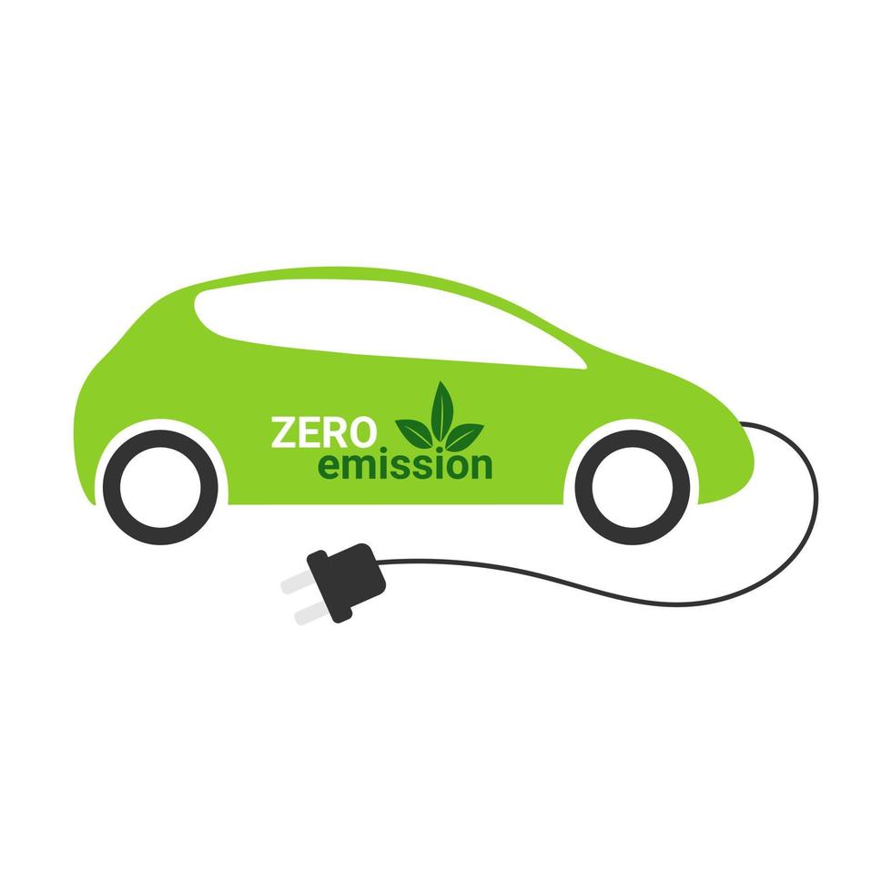 elektrisch groen auto met opladen kabel, belettering Aan de kant deur, nul uitstoot. icoon elektrisch voertuig vector