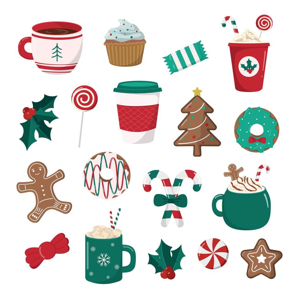 winter warm drankjes en toetje verzameling. Kerstmis reeks met grappig cups en mok. cacao, thee, koffie, melk, koekje, snoep. vector illustratie. geïsoleerd Aan wit achtergrond.