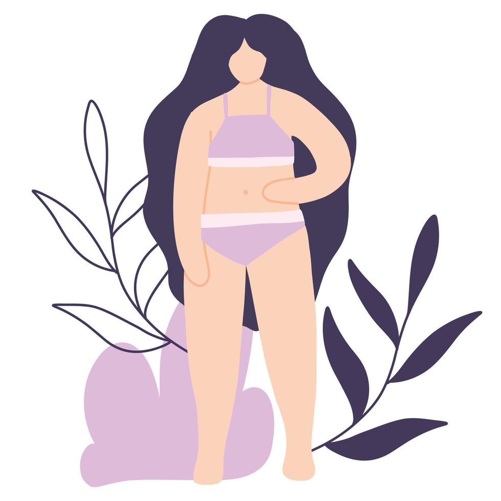 vrouw lichaam positief. poster met meisje en bladeren. vector illustratie. vlak stijl.