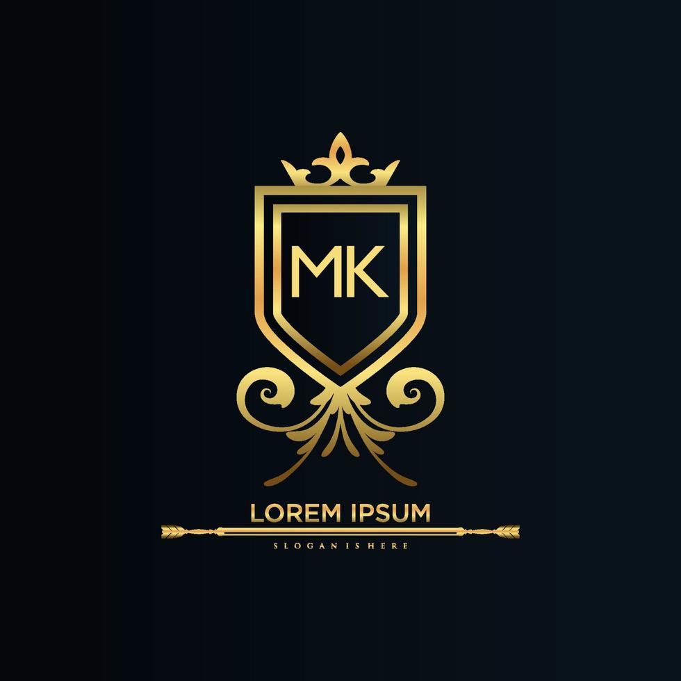 mk brief eerste met Koninklijk sjabloon.elegant met kroon logo vector, creatief belettering logo vector illustratie.