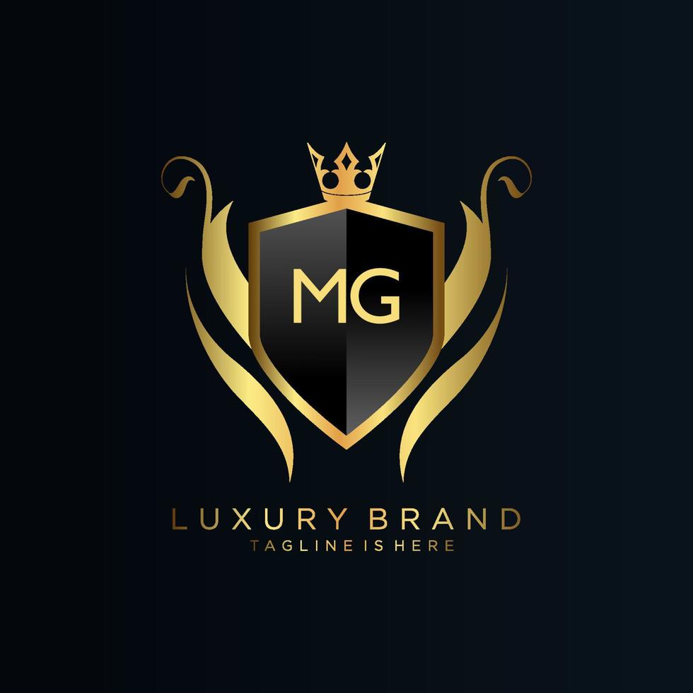 mg brief eerste met Koninklijk sjabloon.elegant met kroon logo vector, creatief belettering logo vector illustratie.