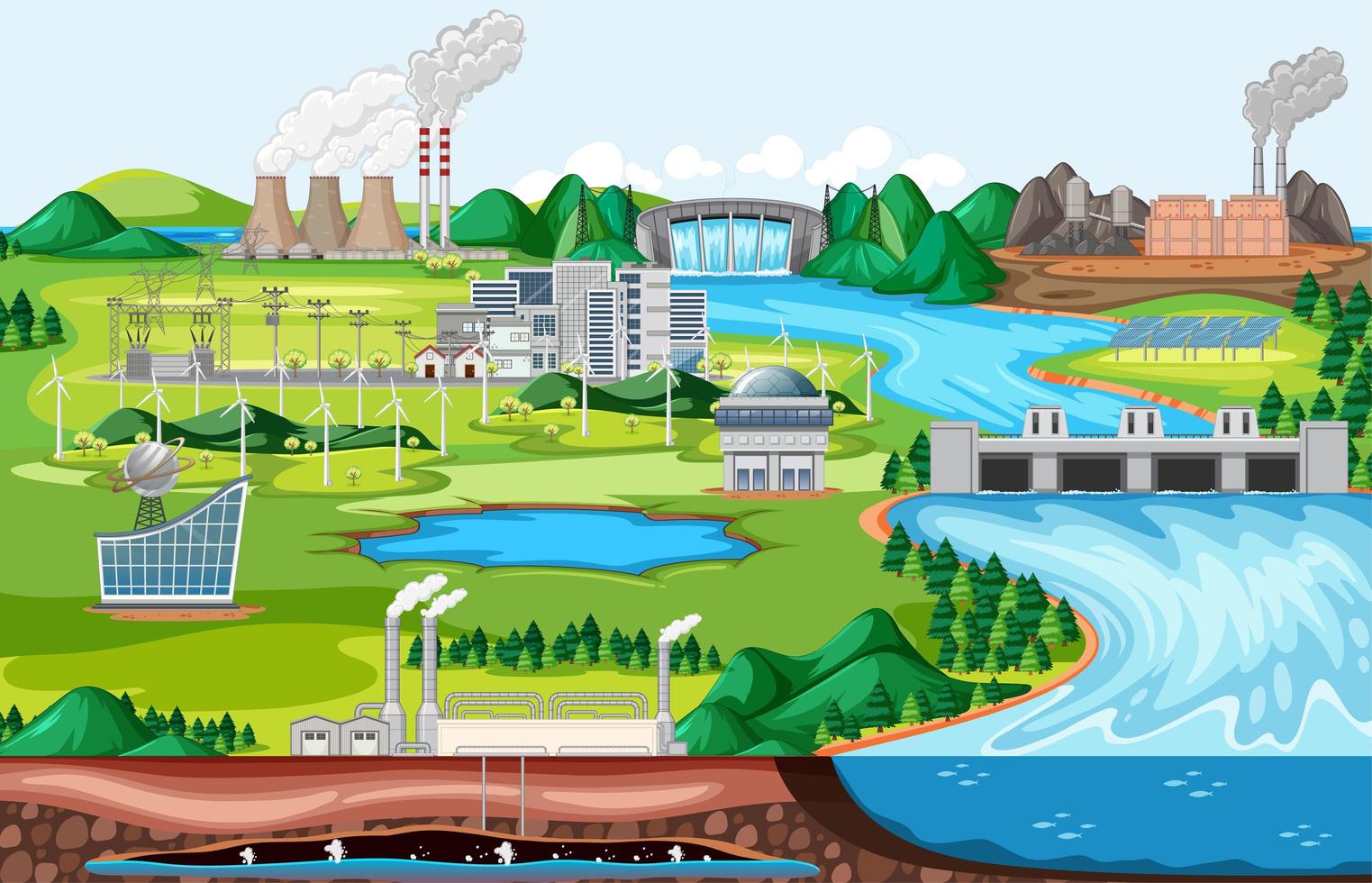 industrieel fabrieksgebouw met landschapsscène aan de rivier vector