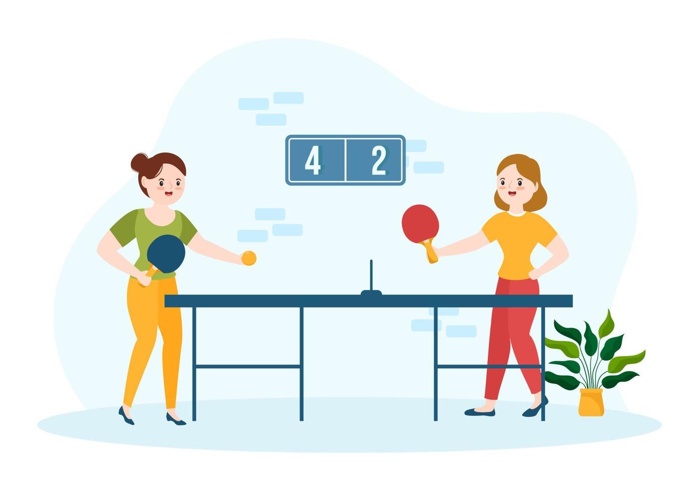 mensen spelen tafel tennis sport- met racket en bal van ping pong spel bij elkaar passen in vlak tekenfilm hand- getrokken Sjablonen illustratie vector