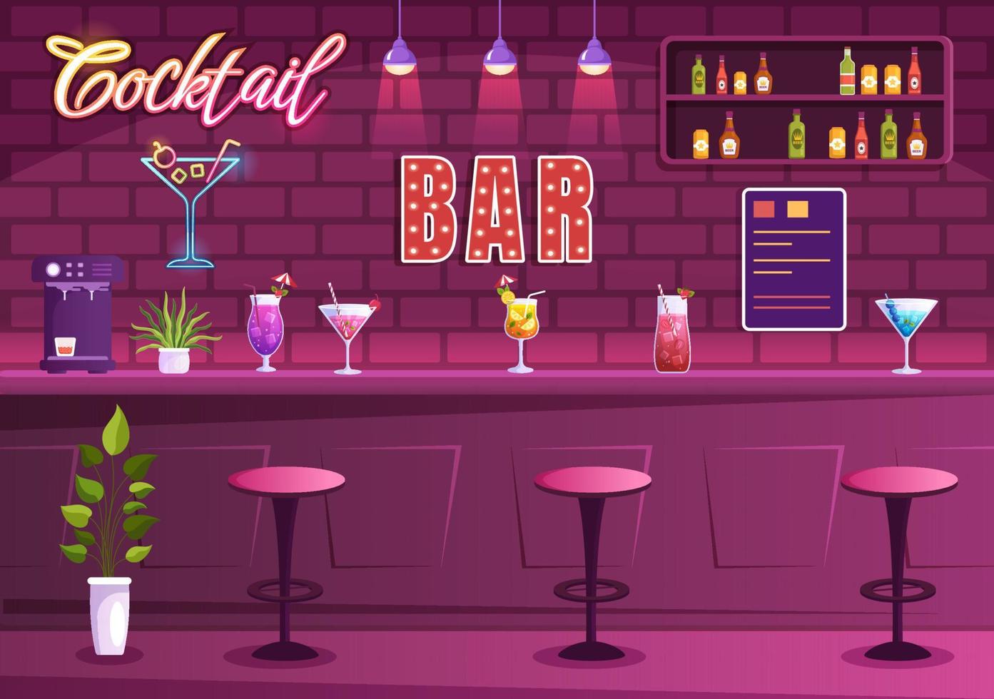 cocktail bar of nachtclub met vrienden hangende uit met alcoholisch fruit sap drankjes of cocktails Aan vlak hand- getrokken tekenfilm sjabloon illustratie vector