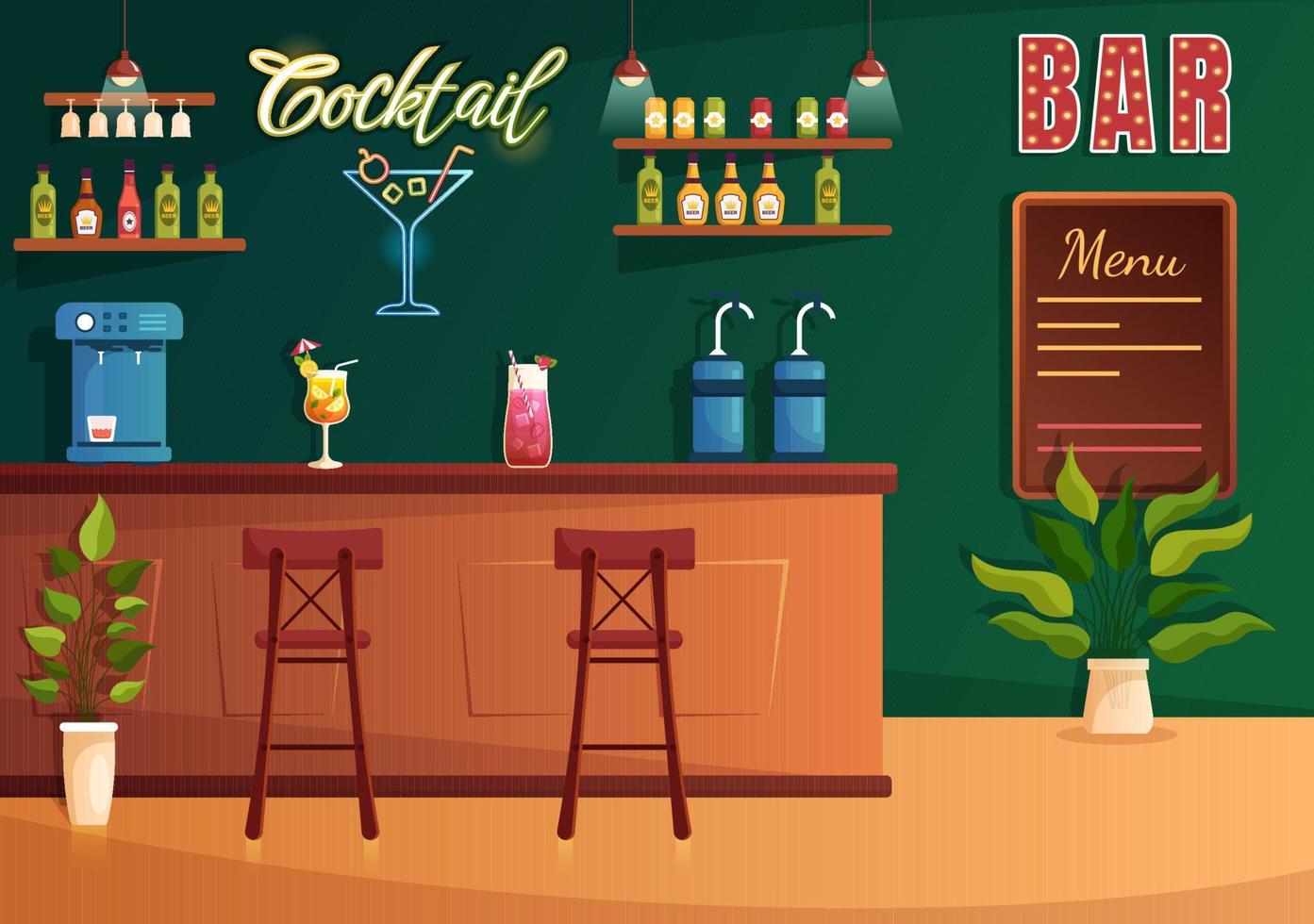 cocktail bar of nachtclub met vrienden hangende uit met alcoholisch fruit sap drankjes of cocktails Aan vlak hand- getrokken tekenfilm sjabloon illustratie vector