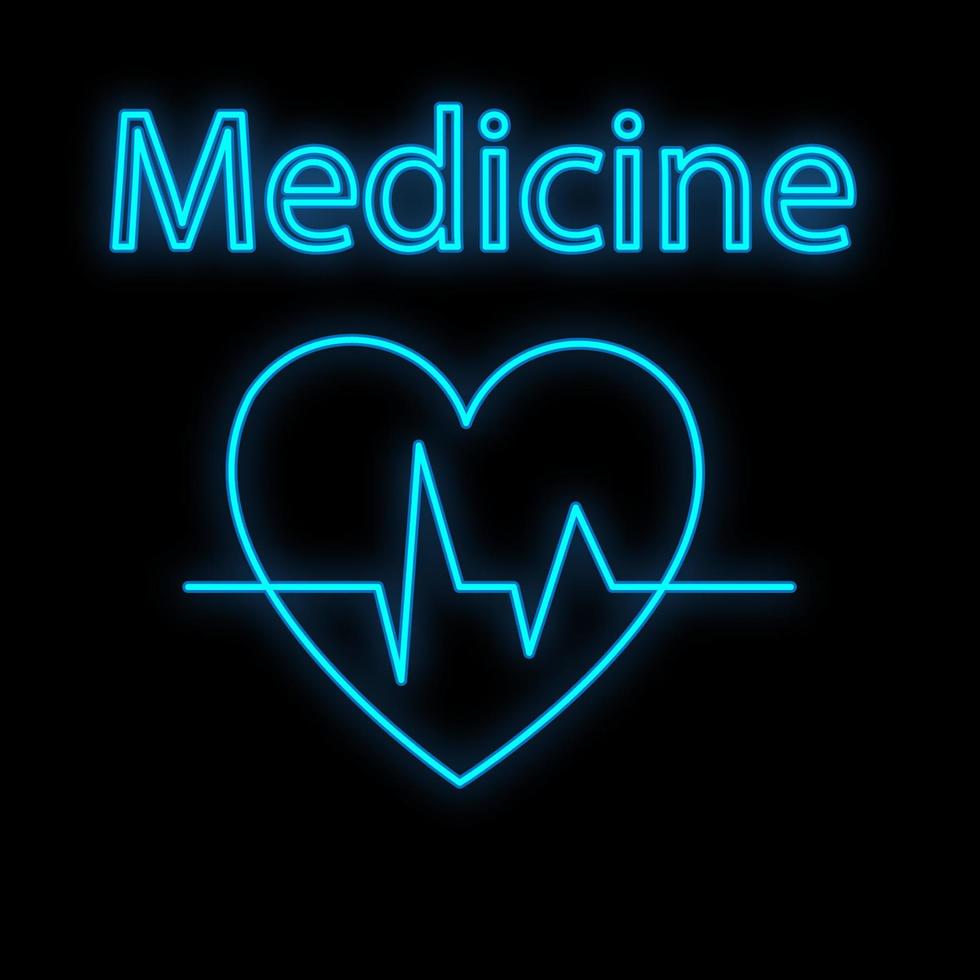 helder lichtgevend blauw medisch wetenschappelijk digitaal neon teken voor een apotheek op te slaan of ziekenhuis laboratorium. mooi glimmend hart met een pulse Aan een zwart achtergrond. vector illustratie