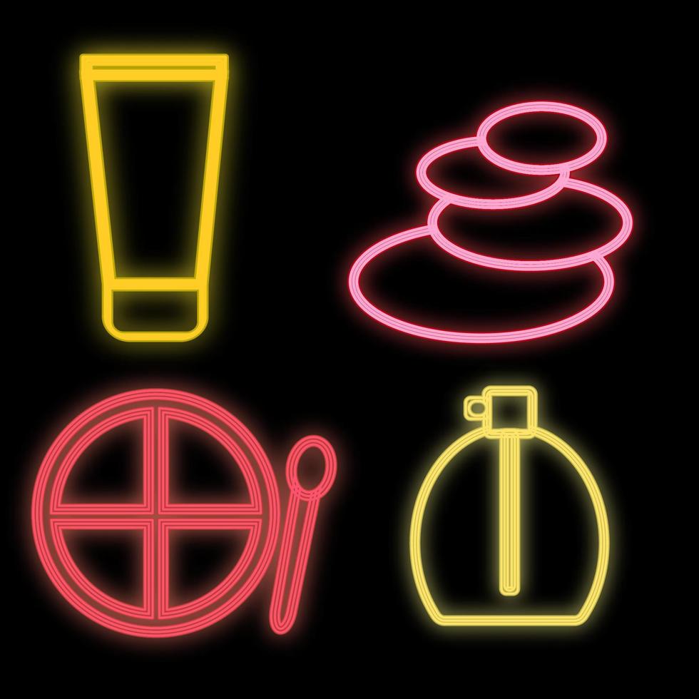 reeks helder neon Aan zwart achtergrond met stenen voor spa massage, room verpakking, palet met oogschaduw en zacht borstel, parfum. reeks voor een schoonheid salon. vector illustratie