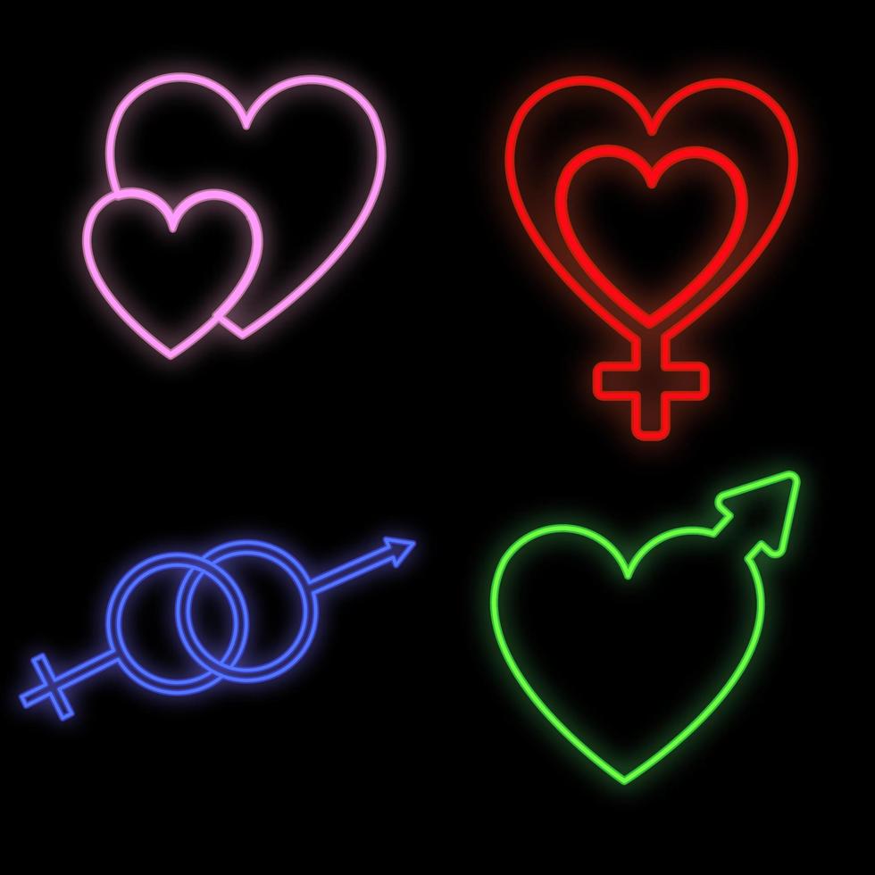 reeks van helder lichtgevend veelkleurig feestelijk neon tekens voor de op te slaan en kaarten mooi glimmend met liefde harten en vrouw en mannetje symbolen Aan een zwart achtergrond. vector illustratie