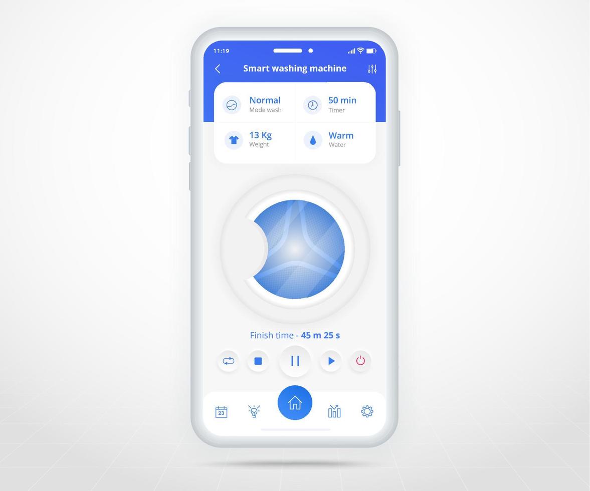 het wassen machine app, slim huis wassen gecontroleerd app ux ui, iot internet van dingen technologie, digitaal toekomst huis automatisering techniek, slim apparaten toepassing telefoon, wasmachine de was, vector illustratie