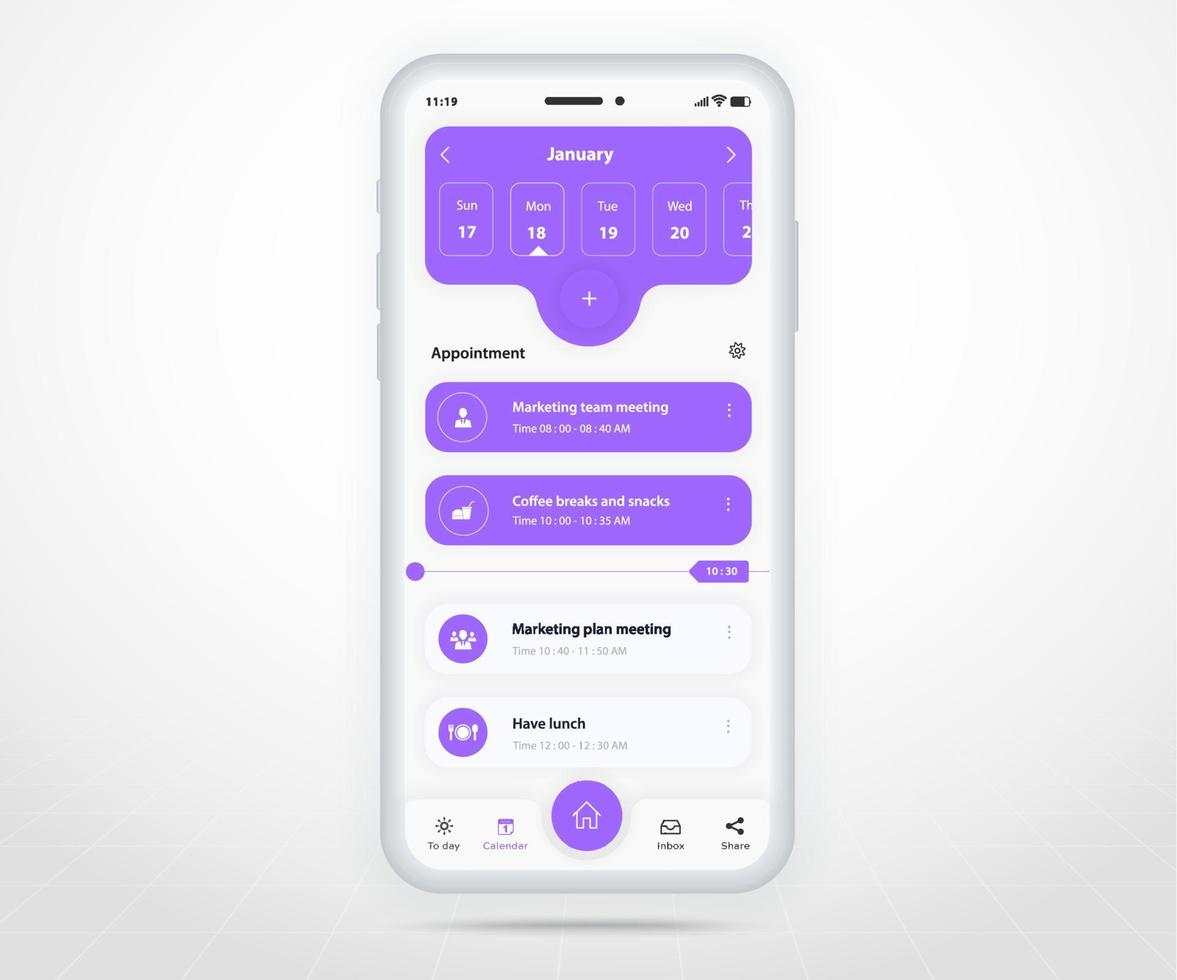 mobiel app kalender ontwerper concept, werkzaamheid kalender sjabloon ui ux, smartphone kalender schema agenda jaar- planning vergadering sollicitatie, kalender evenementen, afspraak, evenement app, vector telefoon