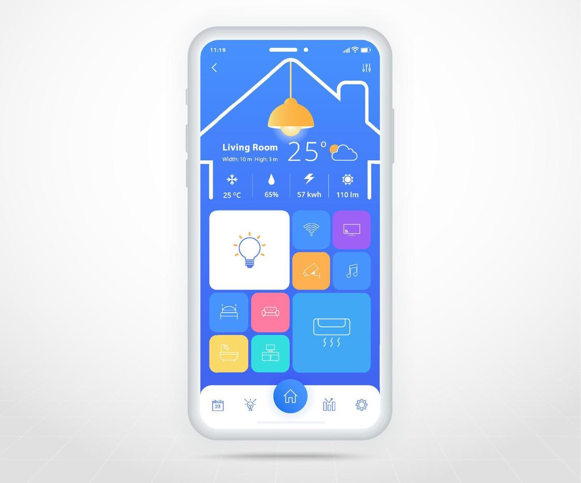 smartphone slim huis gecontroleerd app ux ui, iot internet van dingen technologie, digitaal toekomst huis automatisering techniek, slim apparaten toepassing telefoon, Wifi cctv verlichting verwarming lucht, vector illustratie