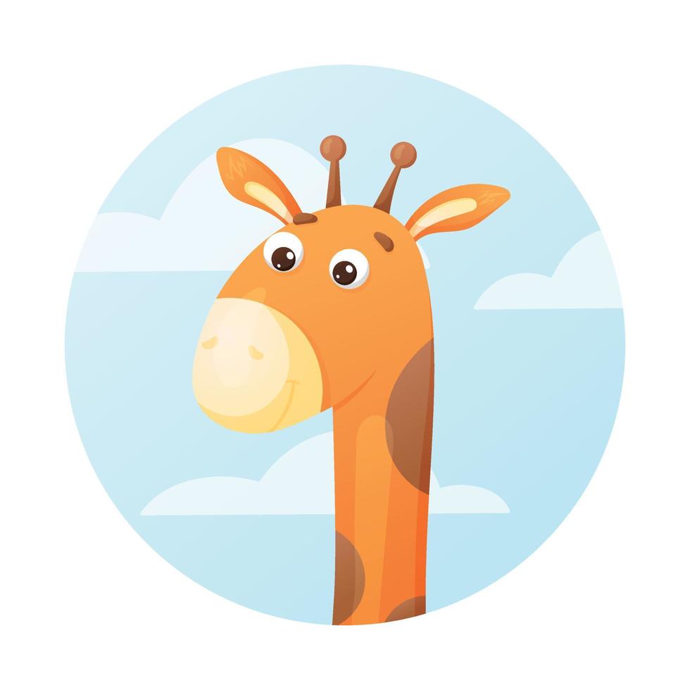 tekenfilm giraffe Aan een achtergrond van blauw lucht met wolken, vector geïsoleerd etiket in de vorm van een cirkel.