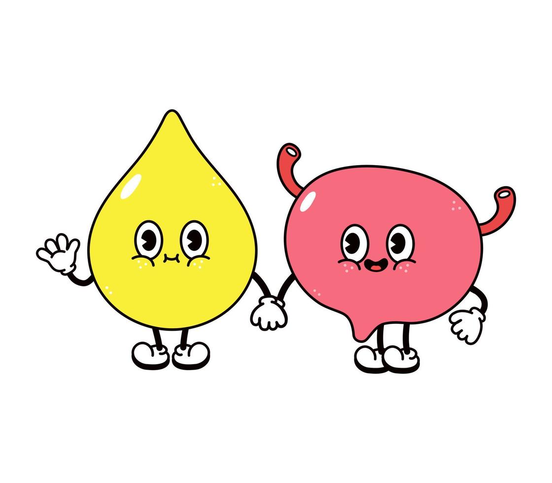 schattig, grappig gelukkig laten vallen van urine en blaas karakter. vector hand- getrokken tekenfilm kawaii karakters, illustratie icoon. grappig tekenfilm maag en blaas vrienden concept