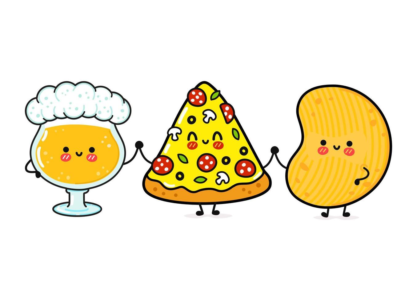 schattig, grappig vrolijk glas bier, pizza en chips. vector hand getekend kawaii stripfiguren, illustratie pictogram. grappige cartoon glas bier, pizza en chips mascotte vrienden concept