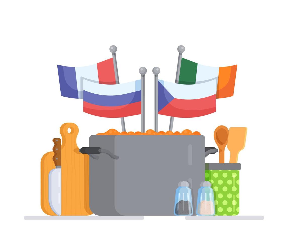 de concept van nationaal borden. vector illustratie van een pot van soep met vlaggen van Rusland, Frankrijk, Tsjechisch republiek en Mexico.