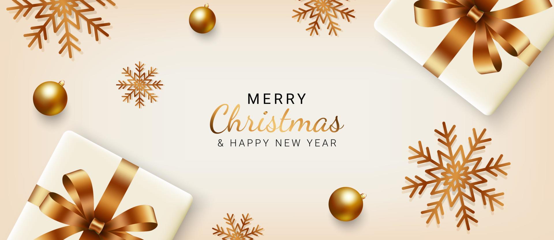 Kerstmis spandoek. Kerstmis achtergrond ontwerp met geschenk dozen, sneeuwvlokken en gouden ballen. Kerstmis groet kaarten, uitnodigingen, koppen. vector illustratie
