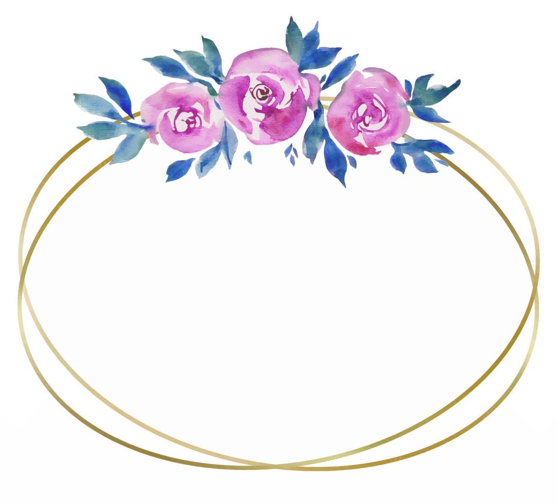 gouden ronde kader met roze rozen, bloemen ontwerp, bruiloft monogram, waterverf illustraties groet kaarten vector